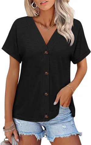 Womens Summer Tops Short Sleeve Button Down Shirts Casual V Neck T Shirts Trendy Tunic Tops