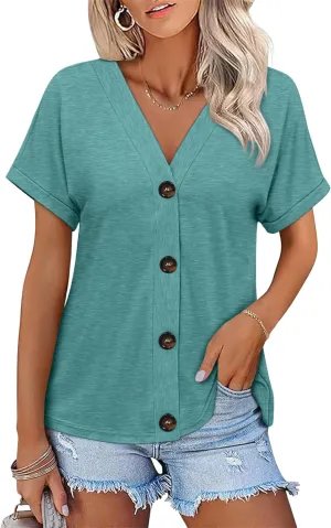Womens Summer Tops Short Sleeve Button Down Shirts Casual V Neck T Shirts Trendy Tunic Tops
