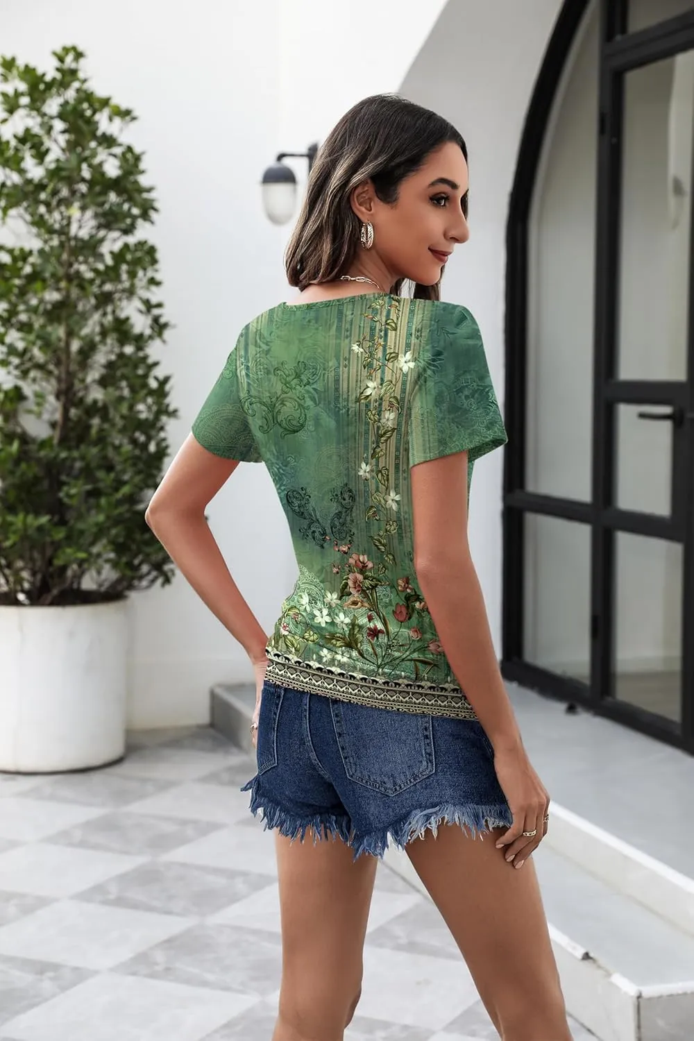Womens Tops Short Sleeve Summer Henley Shirts Scoop Neck Ruched Blouses Dressy Casual Tunic Tops