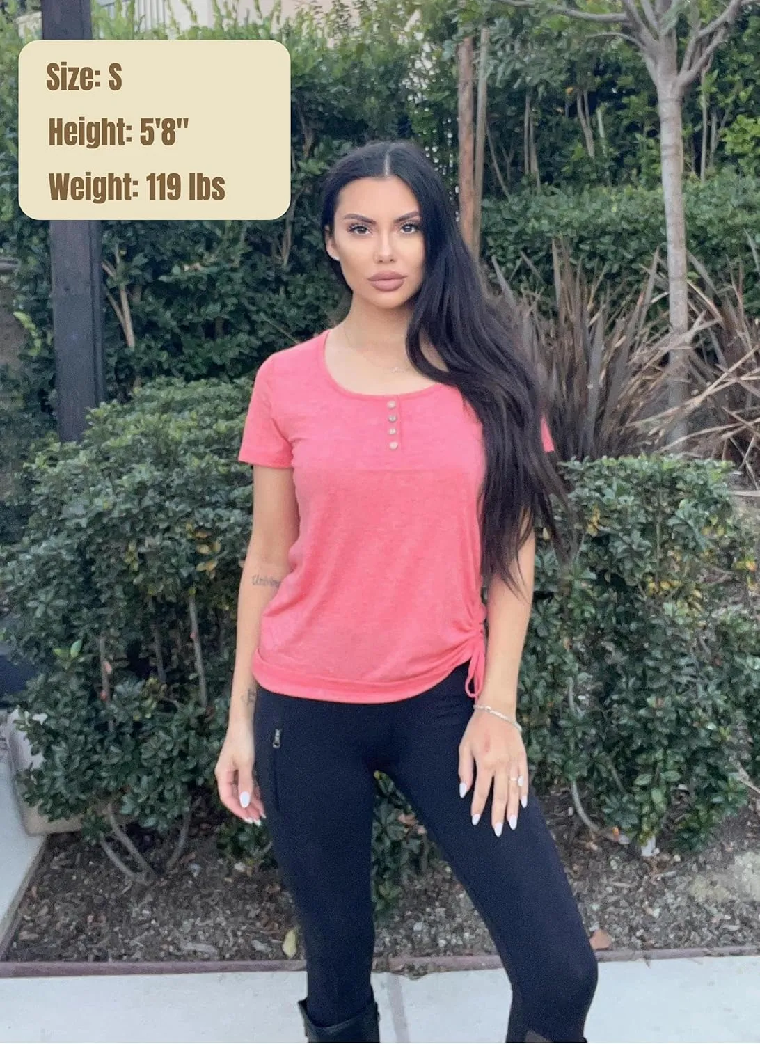 Womens Tops Short Sleeve Summer Henley Shirts Scoop Neck Ruched Blouses Dressy Casual Tunic Tops