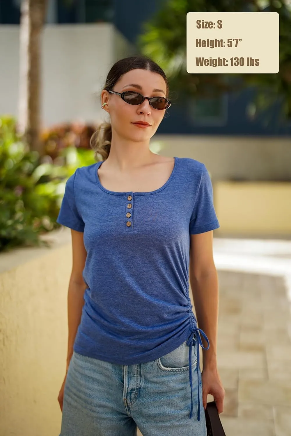 Womens Tops Short Sleeve Summer Henley Shirts Scoop Neck Ruched Blouses Dressy Casual Tunic Tops
