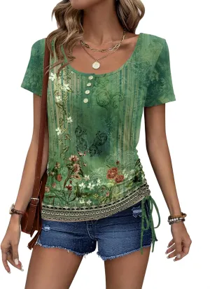 Womens Tops Short Sleeve Summer Henley Shirts Scoop Neck Ruched Blouses Dressy Casual Tunic Tops
