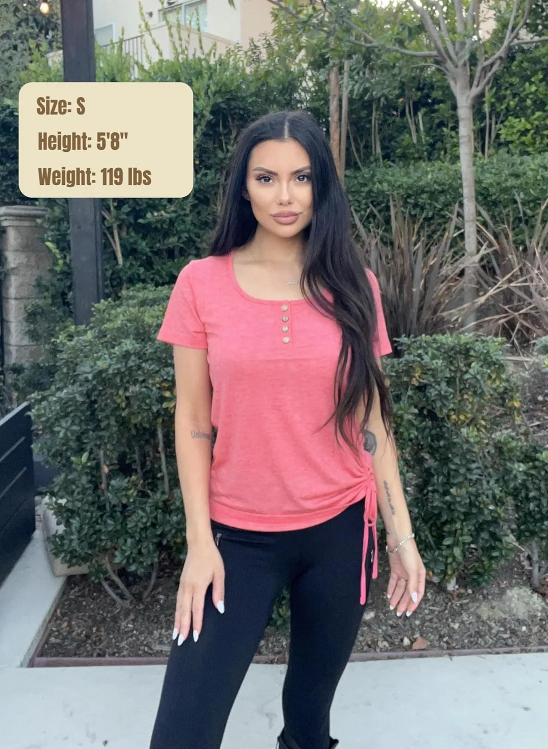 Womens Tops Short Sleeve Summer Henley Shirts Scoop Neck Ruched Blouses Dressy Casual Tunic Tops
