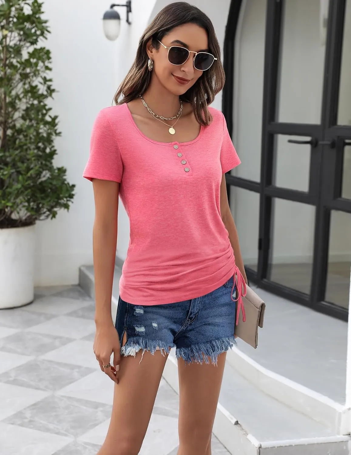 Womens Tops Short Sleeve Summer Henley Shirts Scoop Neck Ruched Blouses Dressy Casual Tunic Tops