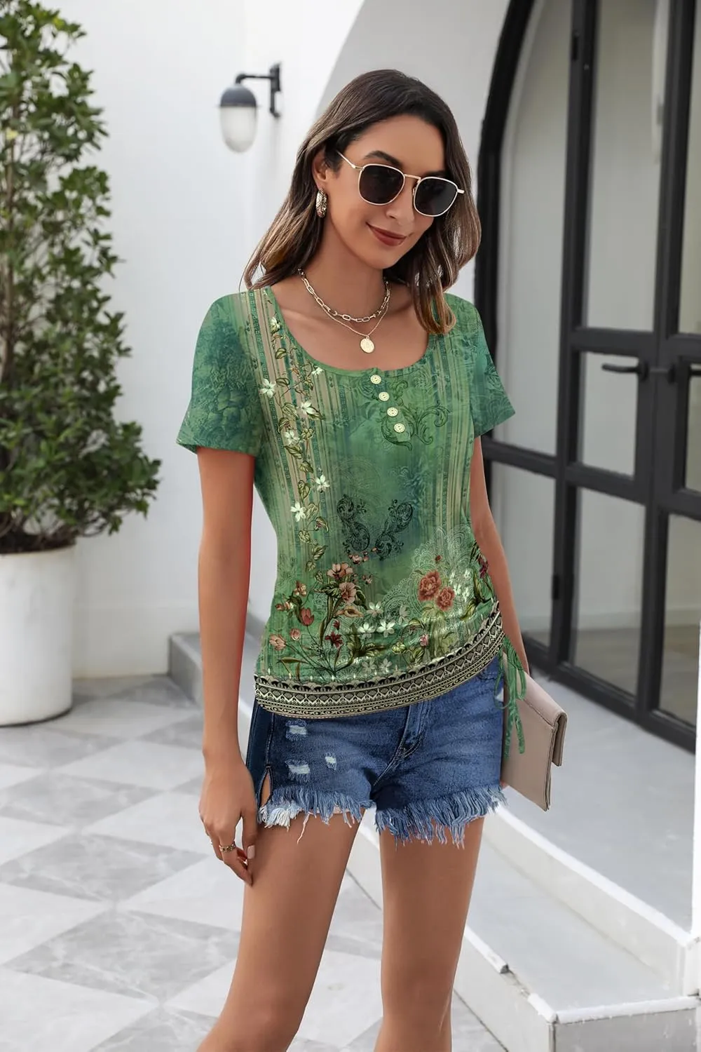 Womens Tops Short Sleeve Summer Henley Shirts Scoop Neck Ruched Blouses Dressy Casual Tunic Tops