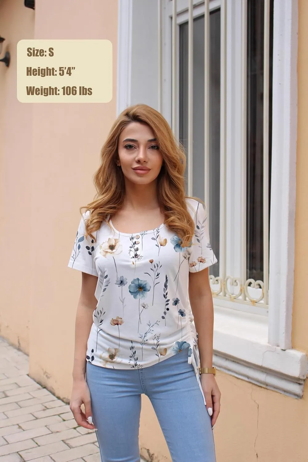 Womens Tops Short Sleeve Summer Henley Shirts Scoop Neck Ruched Blouses Dressy Casual Tunic Tops