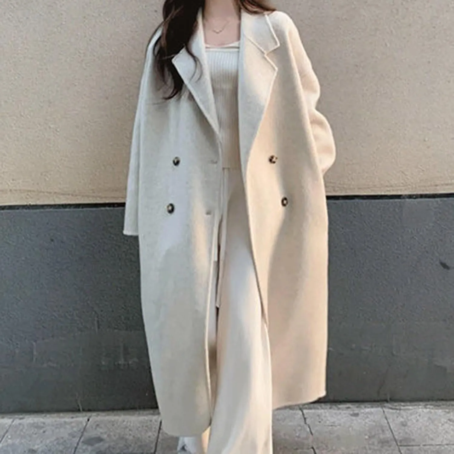 Women's Trench Coat 2024 Notched Lapel Collar Woolen Blend Pea Coat Elegant Double Breasted Mid-Long Overcoats