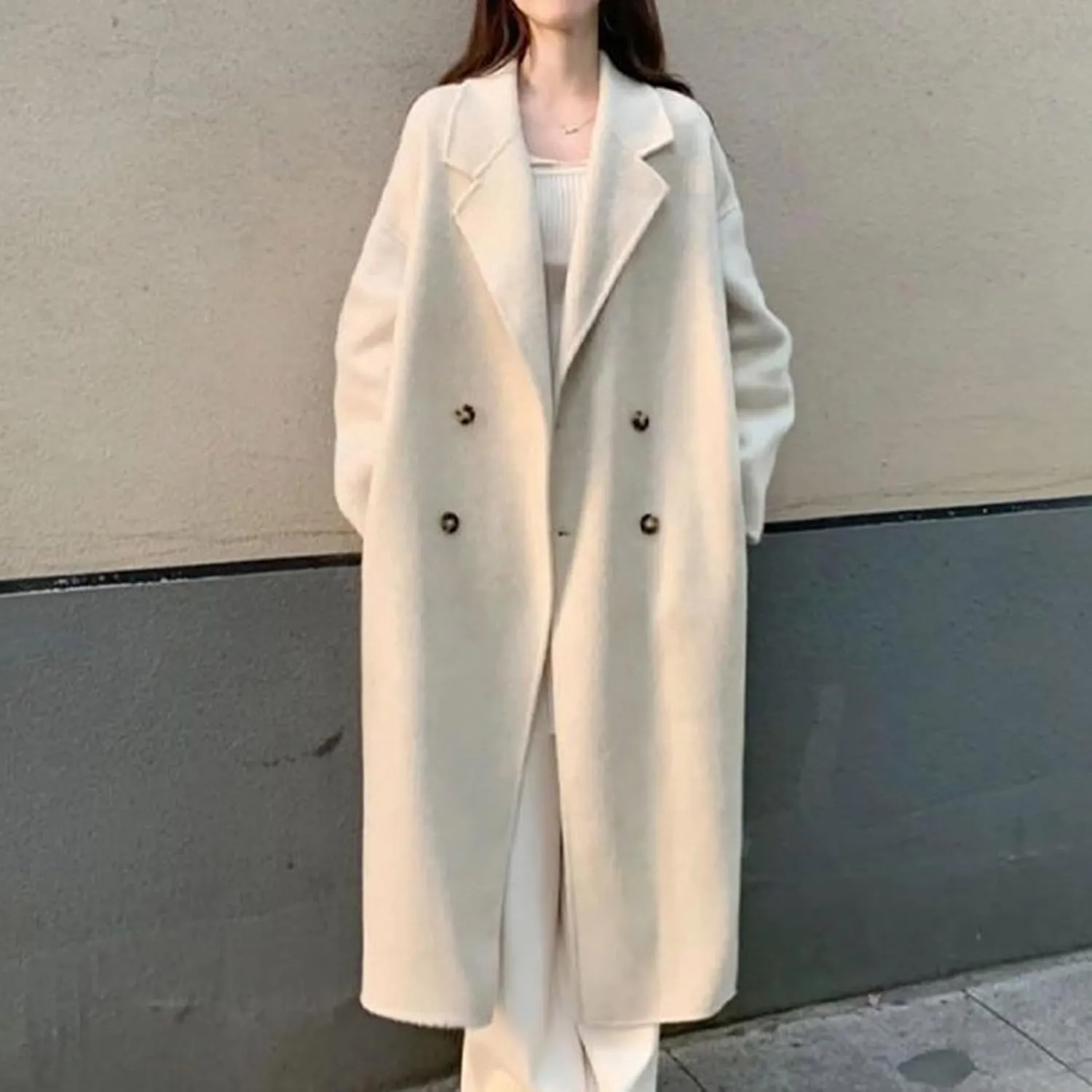 Women's Trench Coat 2024 Notched Lapel Collar Woolen Blend Pea Coat Elegant Double Breasted Mid-Long Overcoats