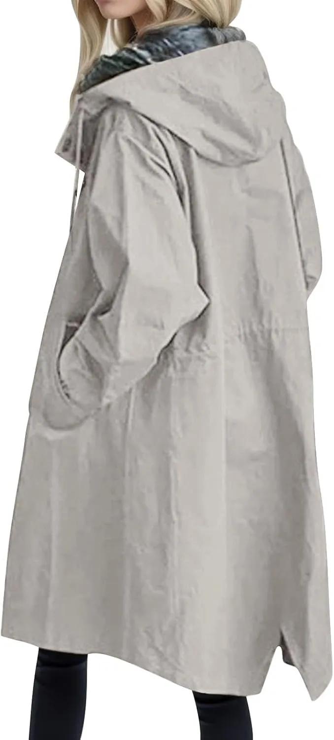Womens Trench Coat Lightweight Raincoat Waterproof Long Hooded Trench Coat Lined Plus Size Windbreaker Elegant Jacket
