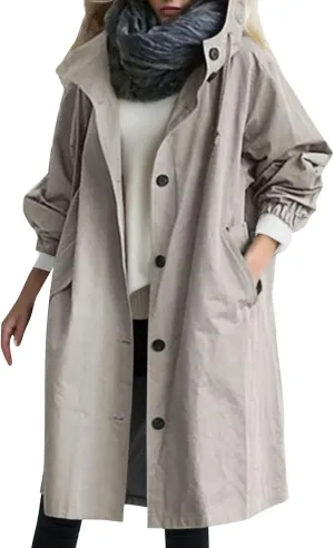 Womens Trench Coat Lightweight Raincoat Waterproof Long Hooded Trench Coat Lined Plus Size Windbreaker Elegant Jacket