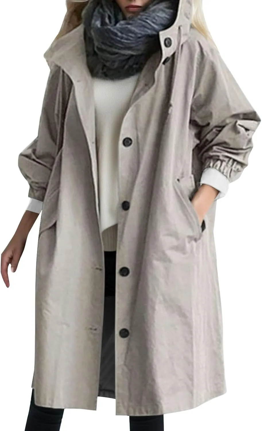 Womens Trench Coat Lightweight Raincoat Waterproof Long Hooded Trench Coat Lined Plus Size Windbreaker Elegant Jacket