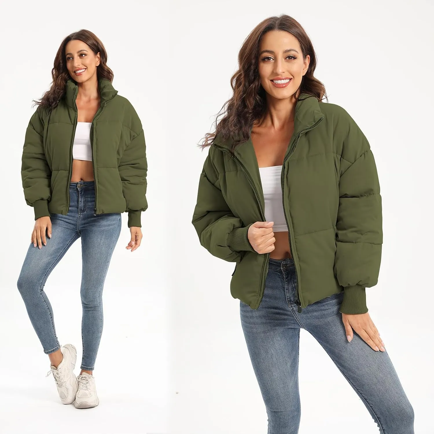 Womens Winter Baggy Zip Puffer jackets Short Down Jacket Coat