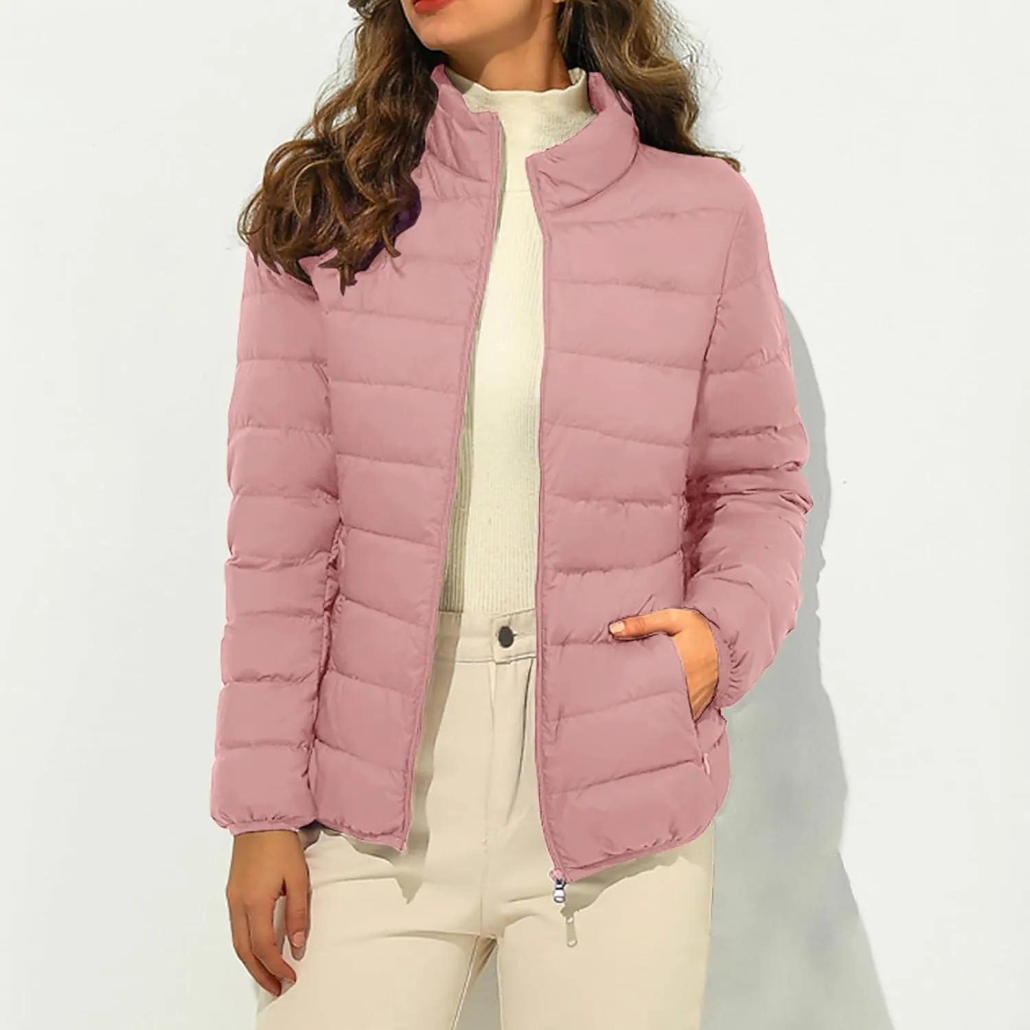 Women's Winter Coat Quilted Puffer Jacket Stand Collar Warm Down Coat Lightweight Zip Up Casual Cotton-Padded Clothes