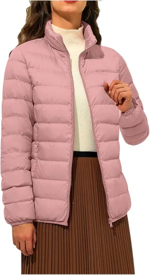 Women's Winter Coat Quilted Puffer Jacket Stand Collar Warm Down Coat Lightweight Zip Up Casual Cotton-Padded Clothes