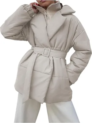 Womens Winter Coats Fashion Belted Puffer Jacket Lightweight Quilted Hooded Long Down Jacket Padded Parka Wrap Coats