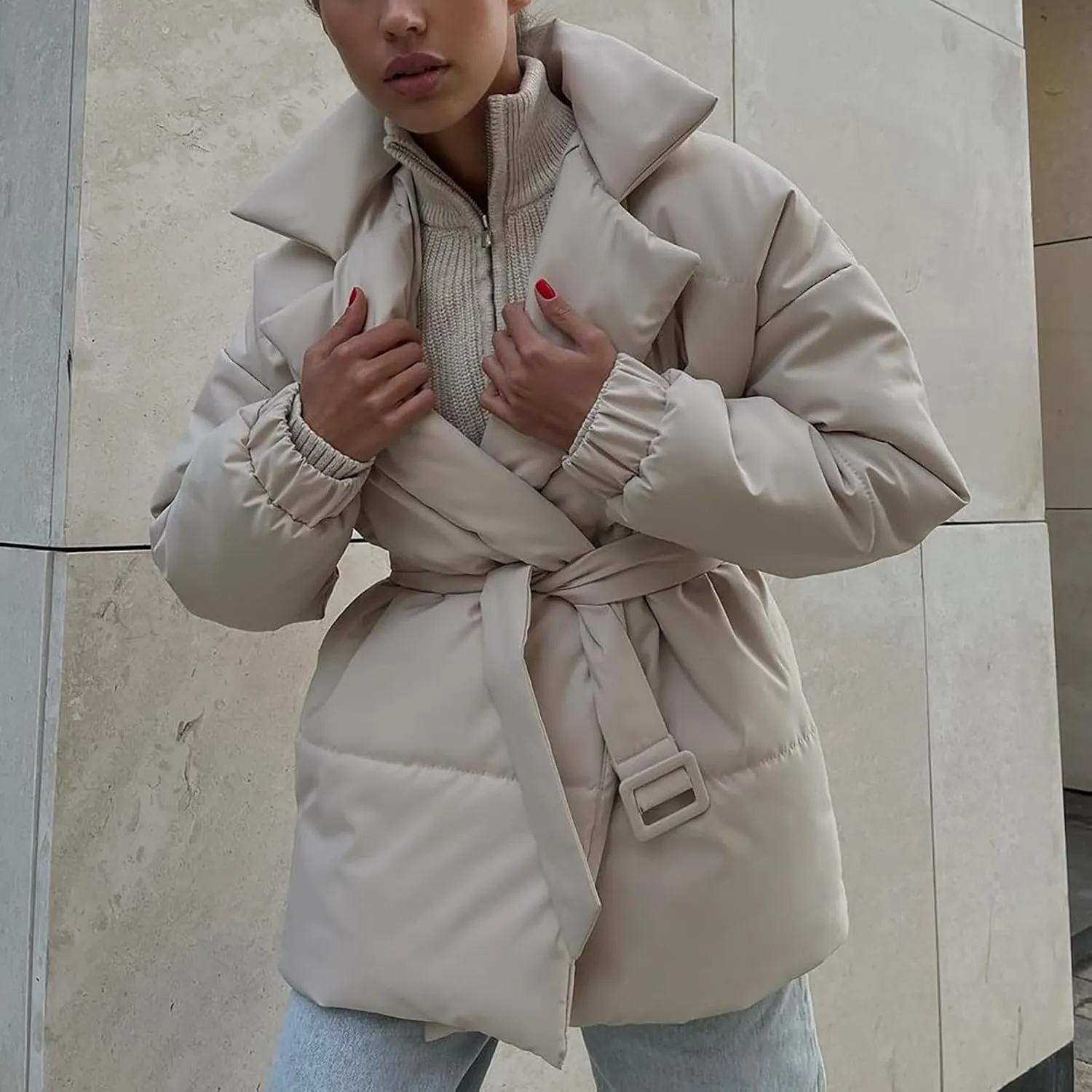 Womens Winter Coats Fashion Belted Puffer Jacket Lightweight Quilted Hooded Long Down Jacket Padded Parka Wrap Coats