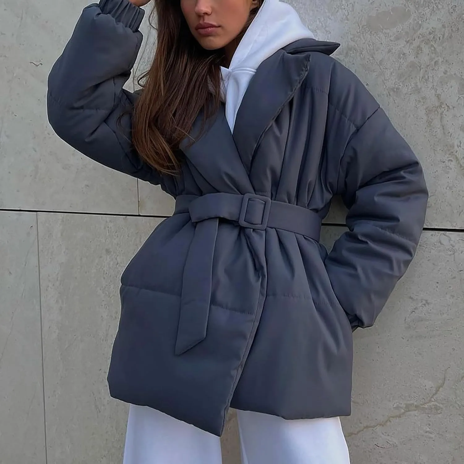 Womens Winter Coats Fashion Belted Puffer Jacket Lightweight Quilted Hooded Long Down Jacket Padded Parka Wrap Coats