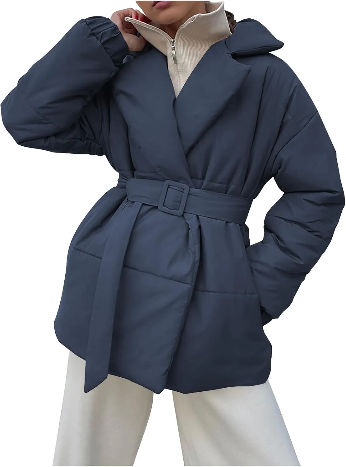 Womens Winter Coats Fashion Belted Puffer Jacket Lightweight Quilted Hooded Long Down Jacket Padded Parka Wrap Coats