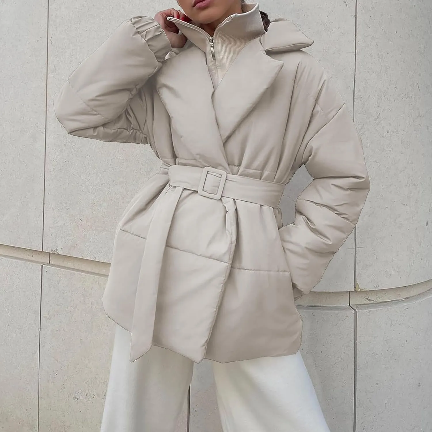 Womens Winter Coats Fashion Belted Puffer Jacket Lightweight Quilted Hooded Long Down Jacket Padded Parka Wrap Coats