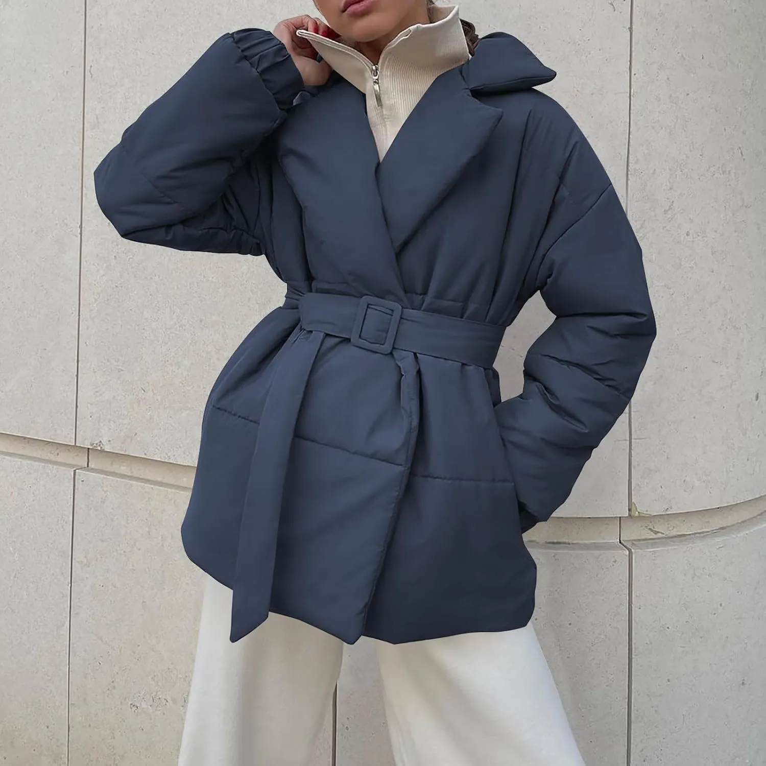 Womens Winter Coats Fashion Belted Puffer Jacket Lightweight Quilted Hooded Long Down Jacket Padded Parka Wrap Coats