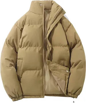 Women's Winter Vintage Warm Puffer Jacket Parkas Warm Cotton-Padded Coat Cropped Puffer Quilted Tops Khaki