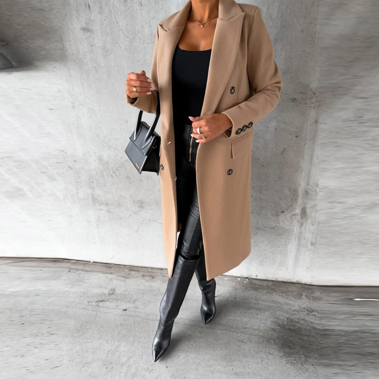Women's Winter Warm Long Pea Coat Notch Lapel Double Breasted Trench Coat Loose Fit Casual Pocketed Outwear Overcoat