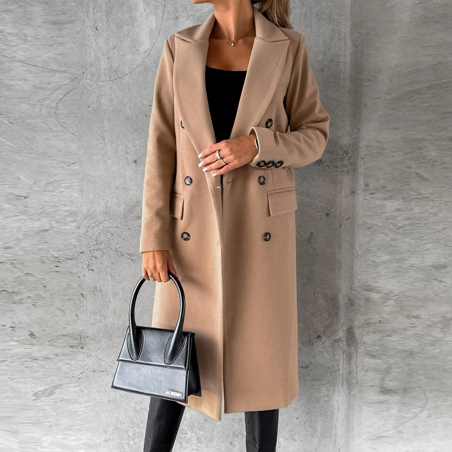 Women's Winter Warm Long Pea Coat Notch Lapel Double Breasted Trench Coat Loose Fit Casual Pocketed Outwear Overcoat