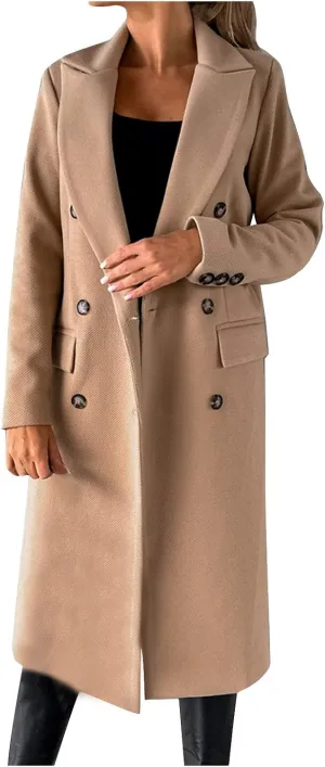 Women's Winter Warm Long Pea Coat Notch Lapel Double Breasted Trench Coat Loose Fit Casual Pocketed Outwear Overcoat