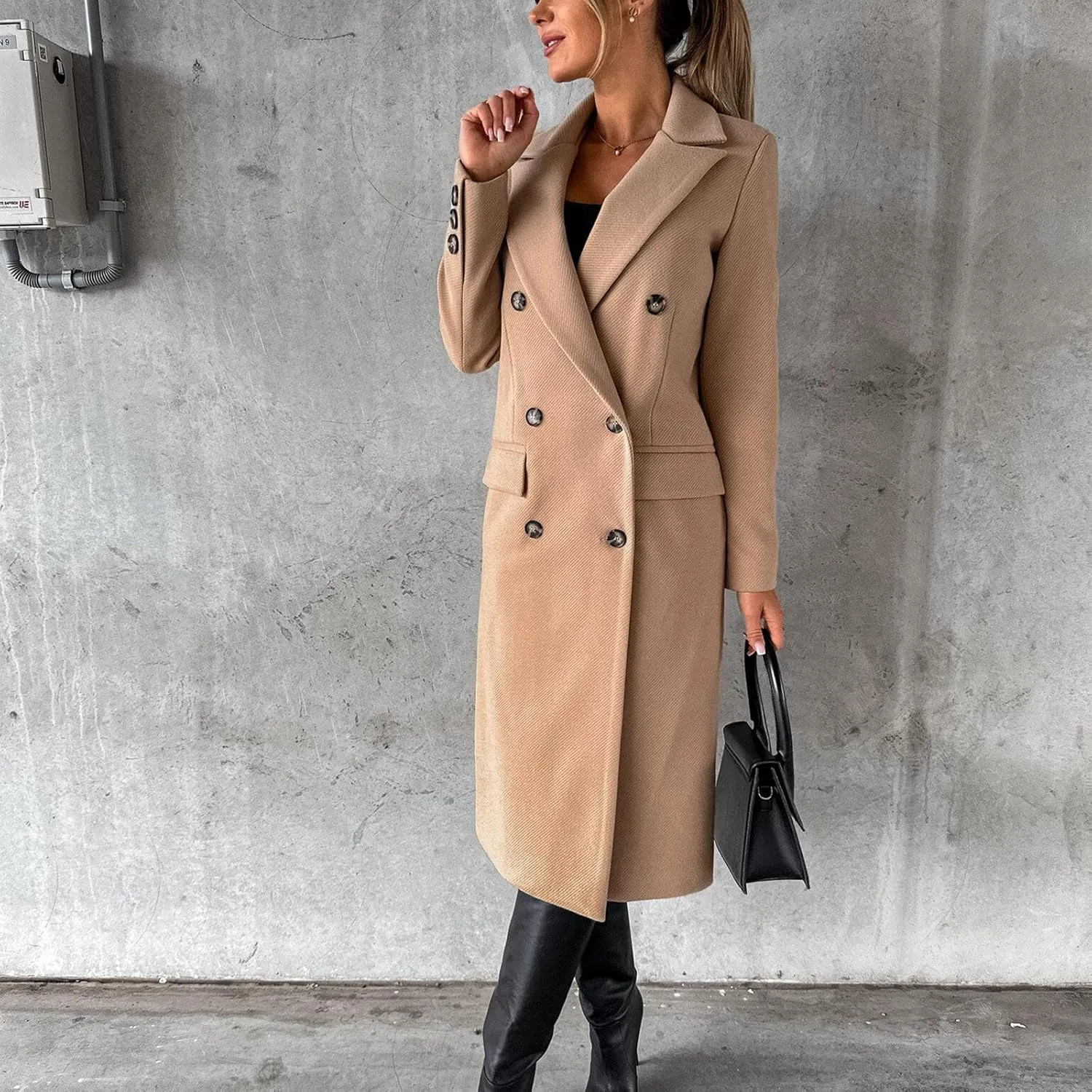 Women's Winter Warm Long Pea Coat Notch Lapel Double Breasted Trench Coat Loose Fit Casual Pocketed Outwear Overcoat