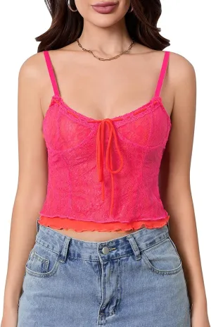 Womens Y2K Lace Trim Camisole Crop Tops Sexy Sleeveless Spaghetti Straps V Neck Cami Tank Tops Going Out Streetwear