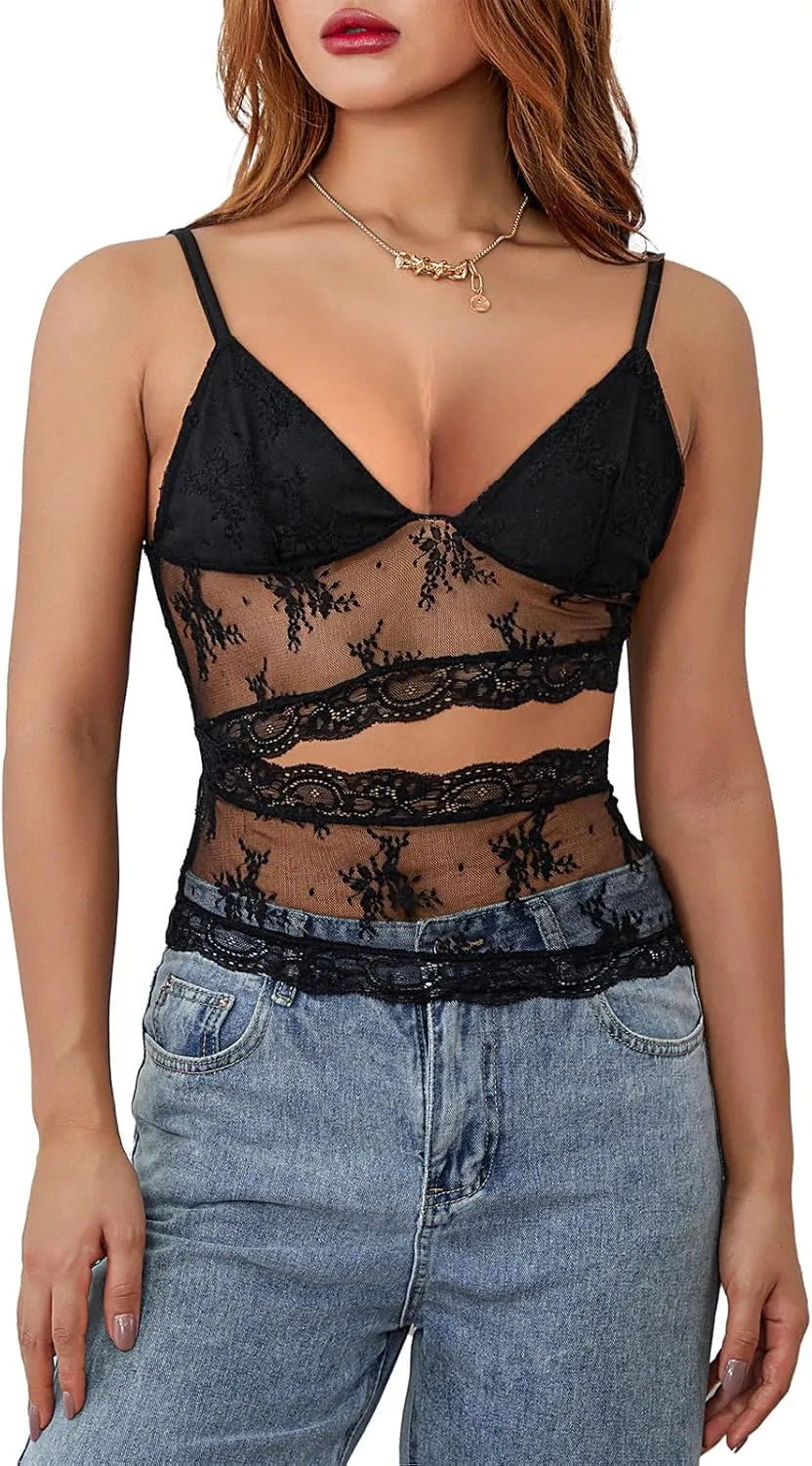 Womens Y2K Lace Trim Camisole Crop Tops Sexy Sleeveless Spaghetti Straps V Neck Cami Tank Tops Going Out Streetwear