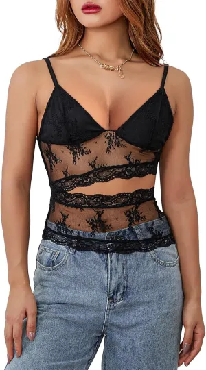 Womens Y2K Lace Trim Camisole Crop Tops Sexy Sleeveless Spaghetti Straps V Neck Cami Tank Tops Going Out Streetwear