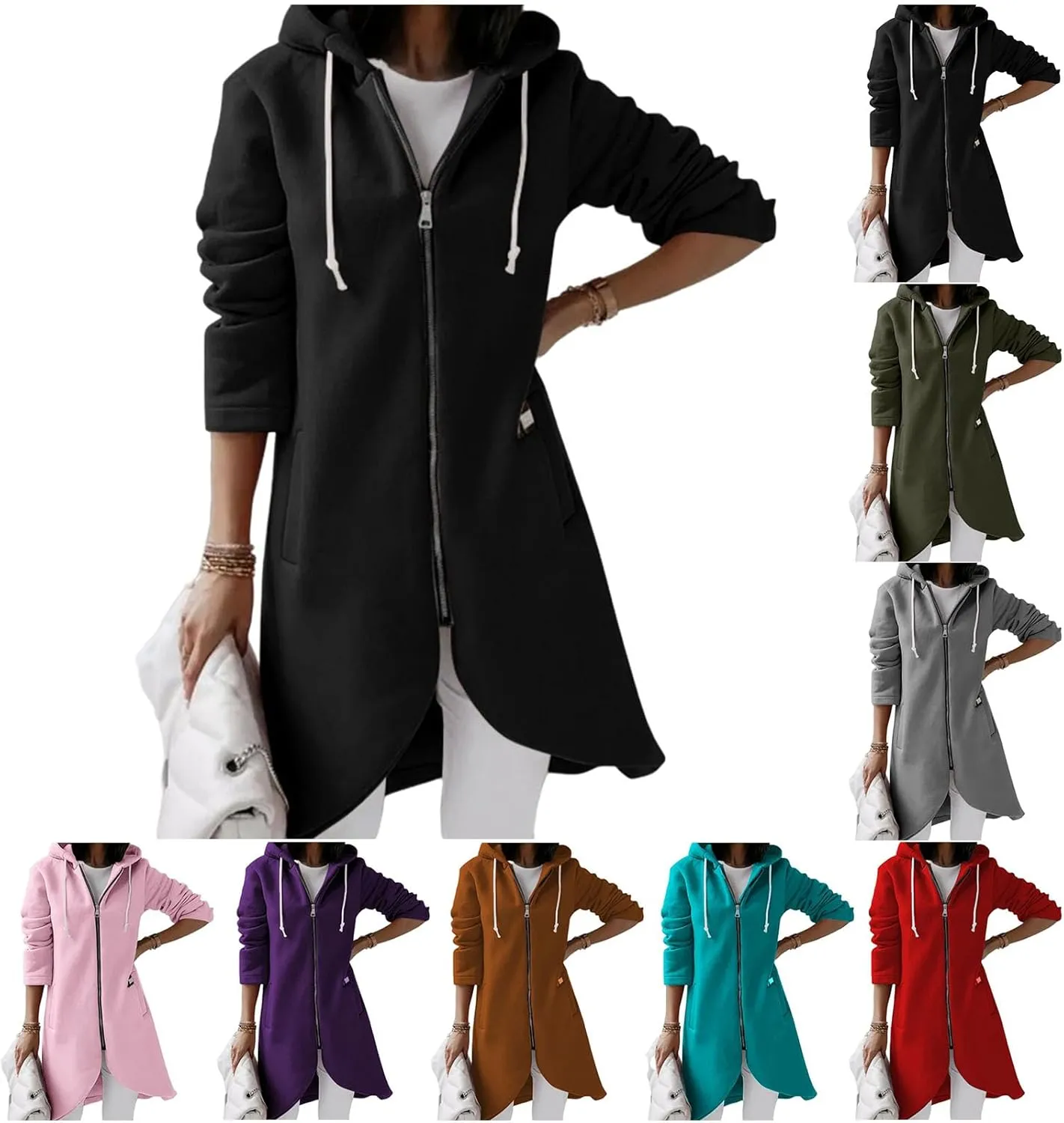 Womens Zip Up Hoodie Trendy Drawstring Oversized Long Hooded Sweatshirts Cute Tunic Irregular Hem Jackets Loose Coats