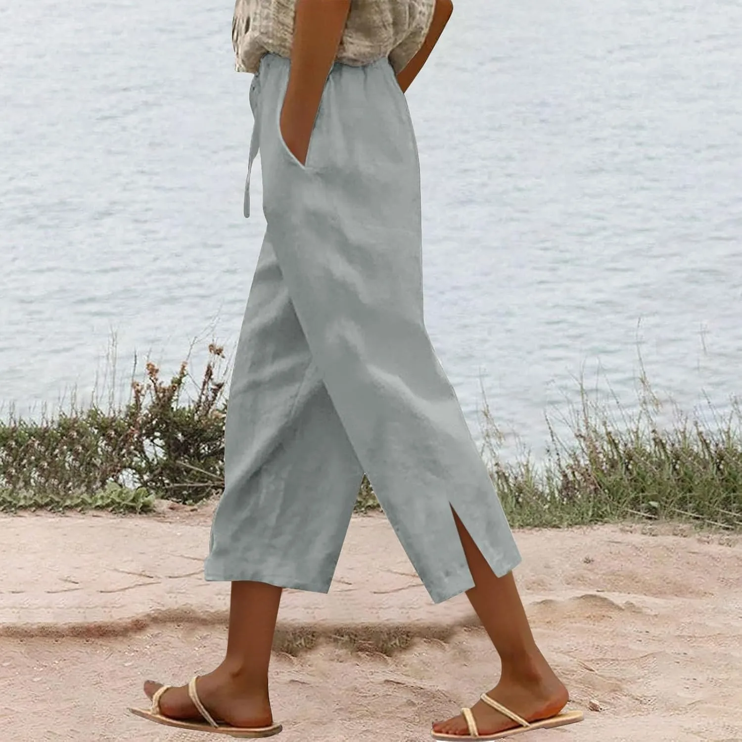 Work Pants Women Solid Color Cotton Linen Elastic Seven Pants Beach Plus Size Trendy Striped Spring Summer Gauze Pants