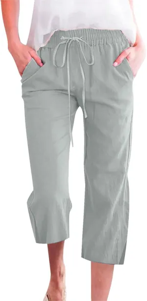 Work Pants Women Solid Color Cotton Linen Elastic Seven Pants Beach Plus Size Trendy Striped Spring Summer Gauze Pants