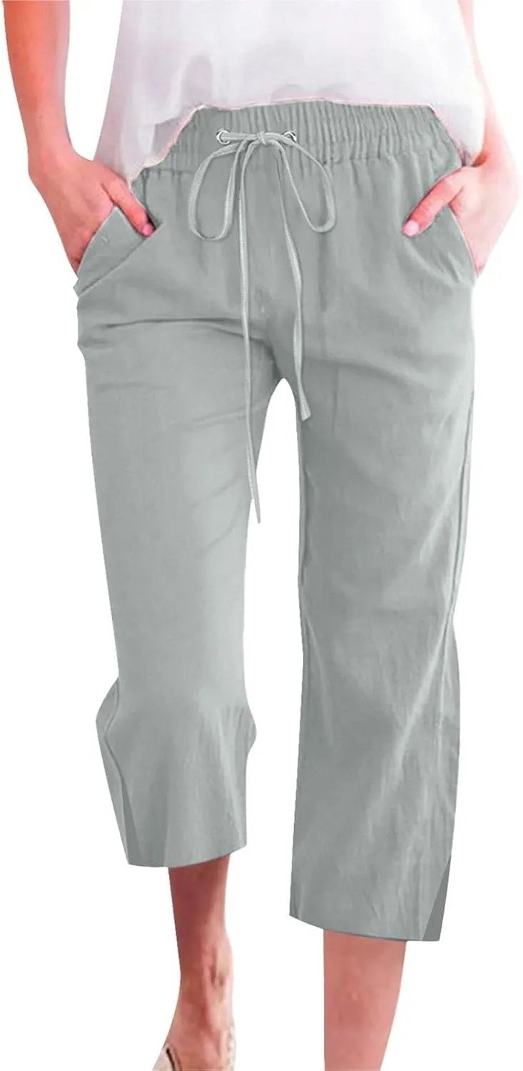 Work Pants Women Solid Color Cotton Linen Elastic Seven Pants Beach Plus Size Trendy Striped Spring Summer Gauze Pants