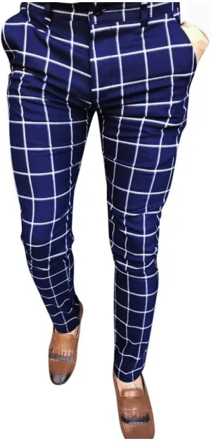 WUAI-Men Chino Pants Elastic Waist Slim Fit Stretch Flat-Front Skinny Plaid Pants