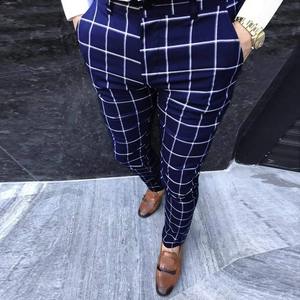 WUAI-Men Chino Pants Elastic Waist Slim Fit Stretch Flat-Front Skinny Plaid Pants
