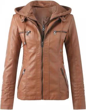 WUAI-Women Plus Size Faux Leather Jackets Hoodies Full Zip Casual Classy Warm Utility Motorcycle Coat Fall Clothes
