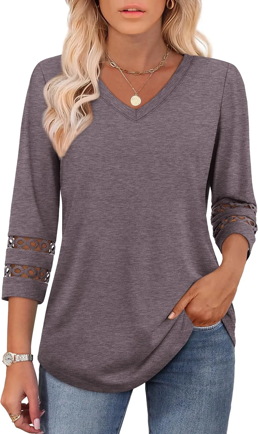 XIEERDUO 3/4 Length Sleeve Womens Tops Dressy Casual Blouses for Women 2025 Trendy V Neck T Shirts Summer Clothes