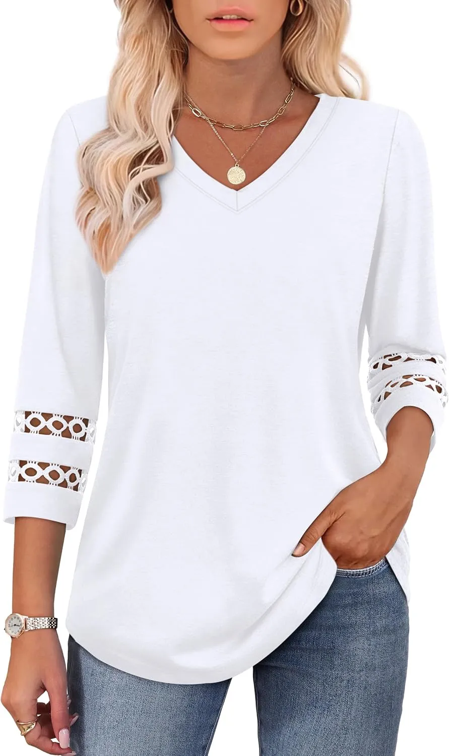 XIEERDUO 3/4 Length Sleeve Womens Tops Dressy Casual Blouses for Women 2025 Trendy V Neck T Shirts Summer Clothes