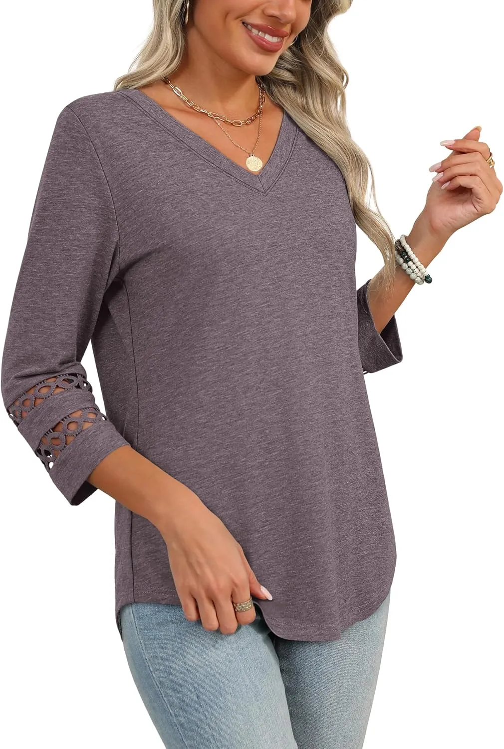 XIEERDUO 3/4 Length Sleeve Womens Tops Dressy Casual Blouses for Women 2025 Trendy V Neck T Shirts Summer Clothes
