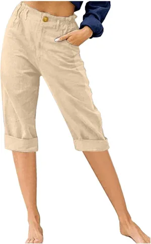 XUNRYAN Bermuda Shorts Women Cotton Linen Capri Pants High Waist Crop Trousers with Pockets Comfy Summer Fall Loungewear