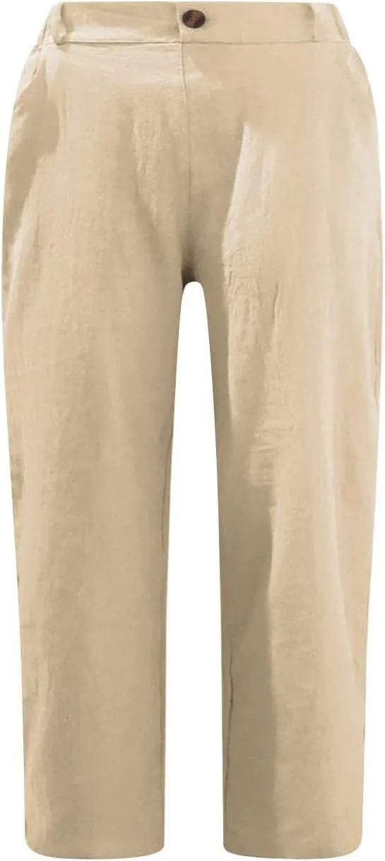 XUNRYAN Bermuda Shorts Women Cotton Linen Capri Pants High Waist Crop Trousers with Pockets Comfy Summer Fall Loungewear