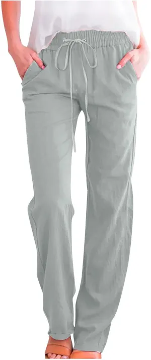 XUNRYAN Linen Pants Women Summer Drawstring Elastic High Waist Wide Leg Loose Fit Trousers Palazzo Lounge Pants w Pockets