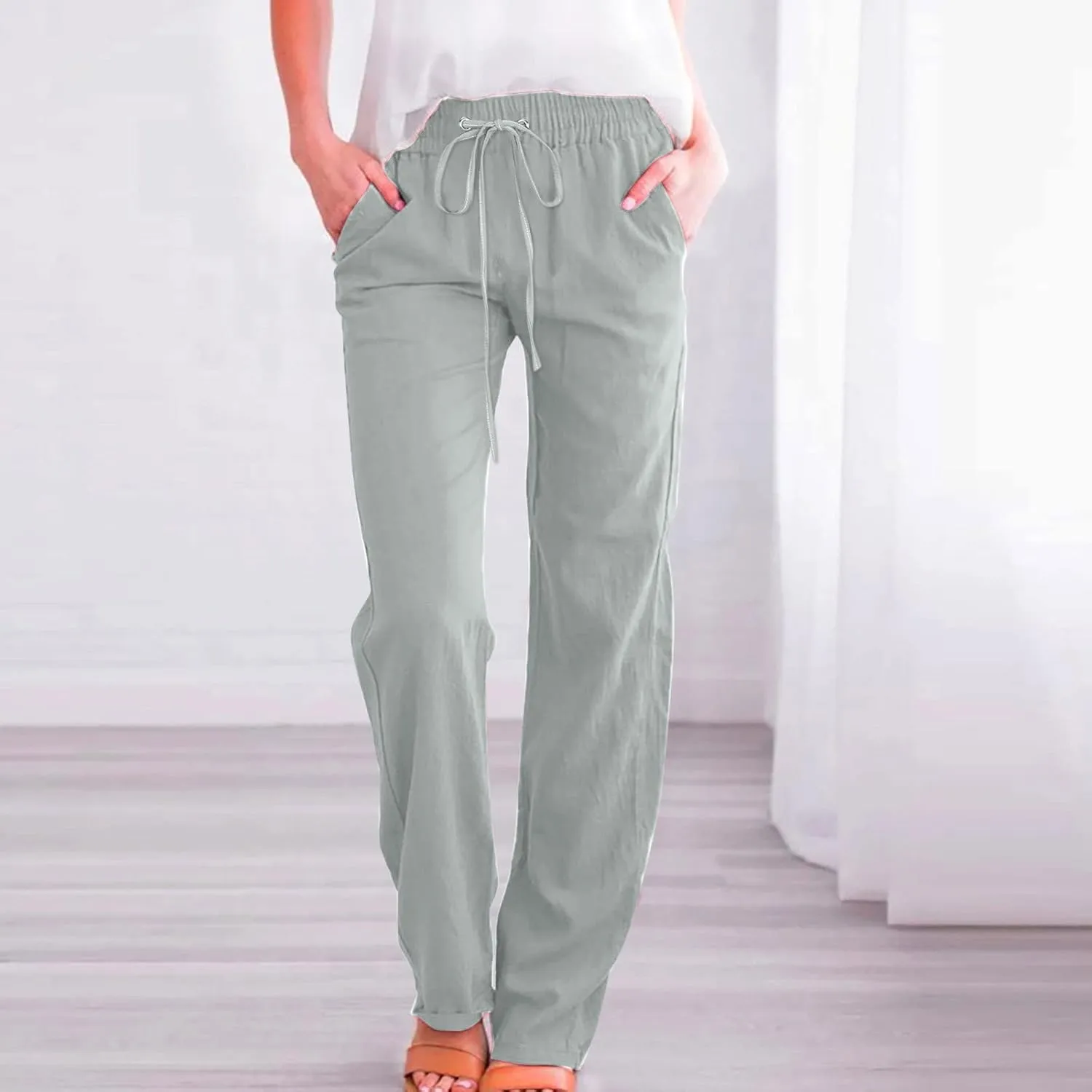 XUNRYAN Linen Pants Women Summer Drawstring Elastic High Waist Wide Leg Loose Fit Trousers Palazzo Lounge Pants w Pockets
