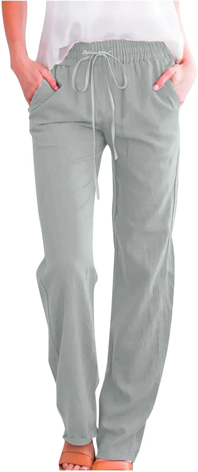 XUNRYAN Linen Pants Women Summer Drawstring Elastic High Waist Wide Leg Loose Fit Trousers Palazzo Lounge Pants w Pockets