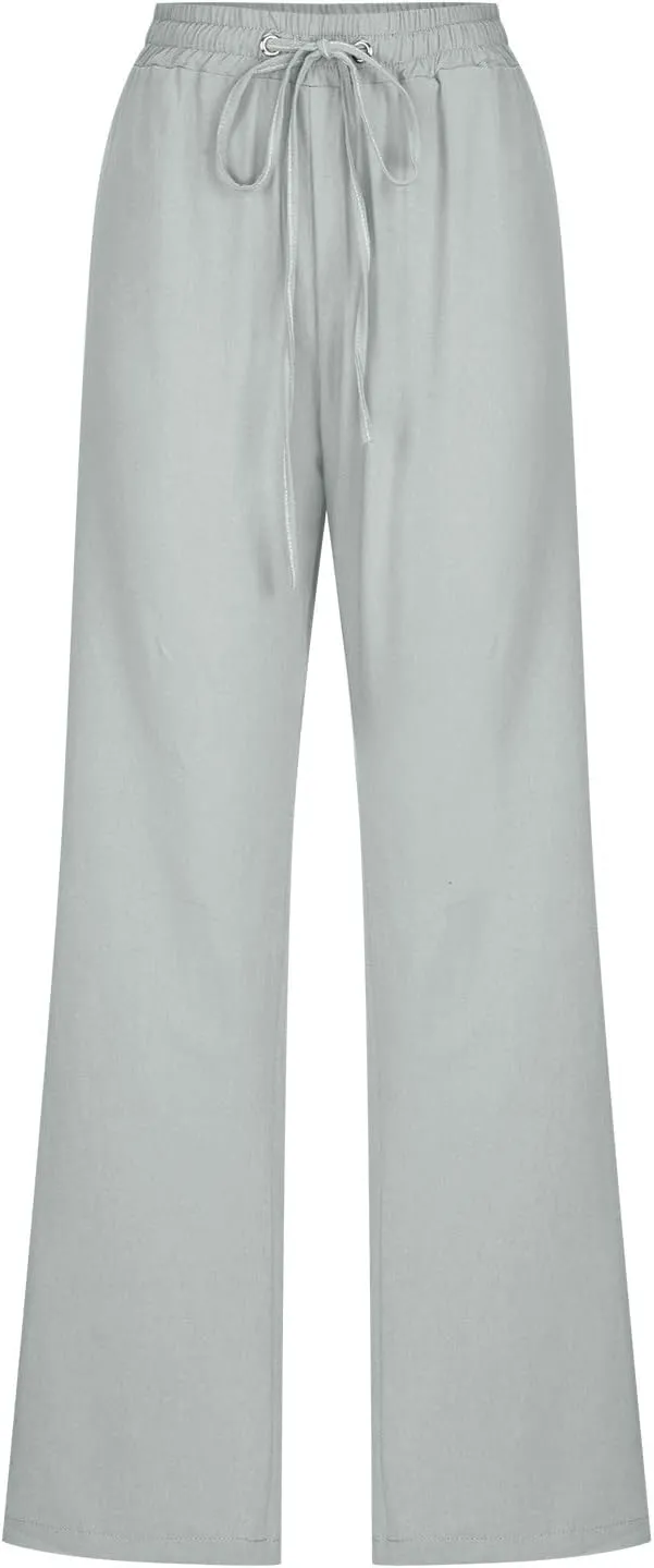 XUNRYAN Linen Pants Women Summer Drawstring Elastic High Waist Wide Leg Loose Fit Trousers Palazzo Lounge Pants w Pockets