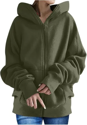 XUNRYAN Womens Hoodies Long Teen Girl Fall Fashion 2023 Jacket Oversized Sweatshirts Casual Clothes Zip Up Hoodie Pockets