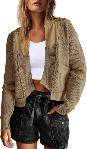 Yanekop Womens Oversized Cardigan Sweater Open Front Outerwear Chunky Knit Cropped Sweater Jacket with Pockets